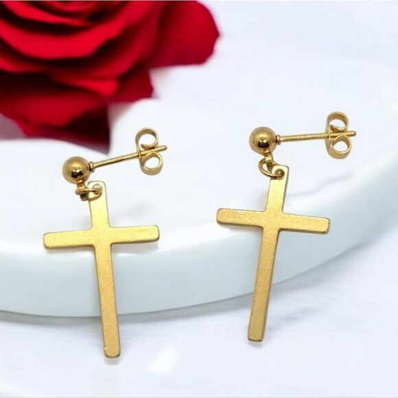 Elegant Gold Cross Earrings Stainless Steel Pierced Ears Women's Jewelry Dangle - Picture 1 of 5